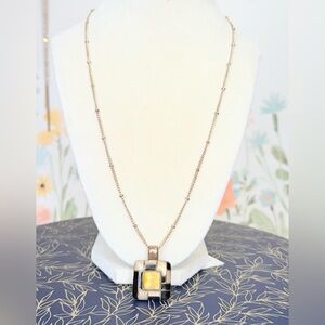 Geometric Mosaic Pendant Necklace Gold Tone Black Yellow Facete Stone Retro Boho